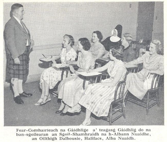 Calum Iain N. MacLeod teaches Gaelic during a summer school in Dalhousie University, Halifax, Nova Scotia. Gairm 23 (An t-Earrach 1958), 248. 