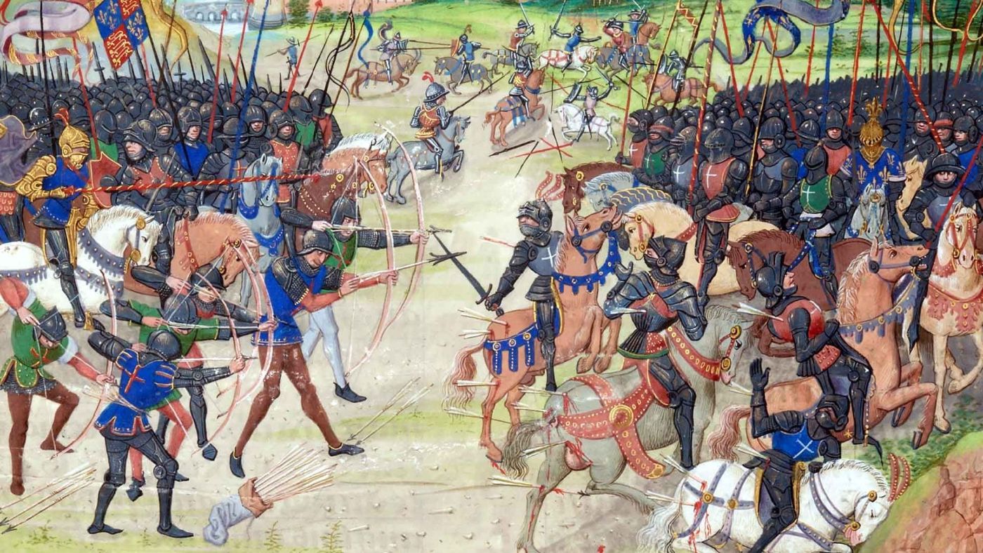 The battle of Poitiers, 1356, as depicted in a late fifteenth century copy of Jean Froissart's Chroniques (Paris, Bibliothèque Nationale, MS Fr 2643 f.207).