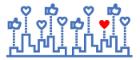 A graphic of a cityscape in blue outlines with a Facebook style thumbs-up over some buildings, blue hearts over others and a red heart over one.  