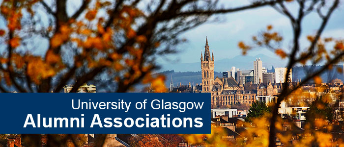 A photo of the gilbert scott building with an text overlay that reads University of Glasgow Alumni Associations