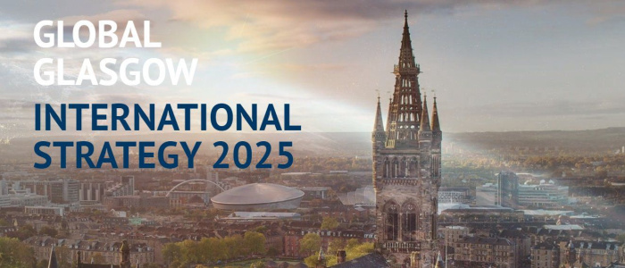A view of the Glasgow University tower with the text 'Global Glasgow. International Strategy 2025' Source: GU
