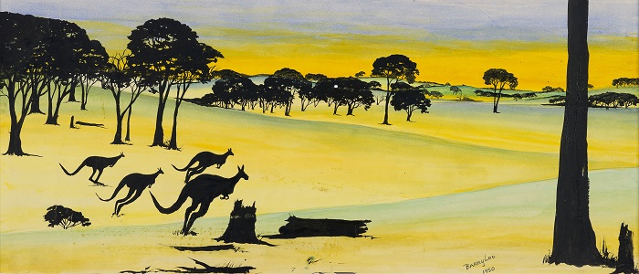 Barry Loo, Bounding for Home , 1950 (reproduction), watercolour and ink on paper, 302mm x 505mm. The Herbert Mayer Collection of Carrolup Artwork, Curtin University Art Collection. Gift of Colgate University, USA, 2013.