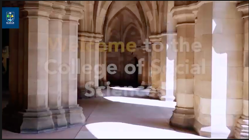 View of the cloisters at Glasgow University with the words 'Welcome to the College of Social Sciences' appearing over the image