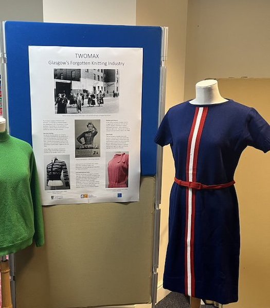 Poster and sample knitwear from the Twomax company, presented at the Fleece to Fashion project conference held in September 2022