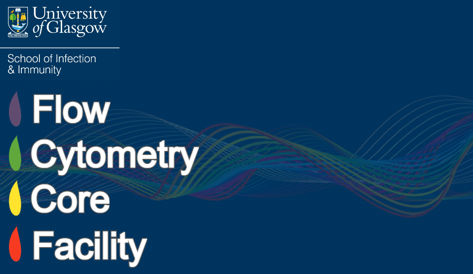 A logo with coloured droplets and the words Flow Cytometry Core Facility on a blue background