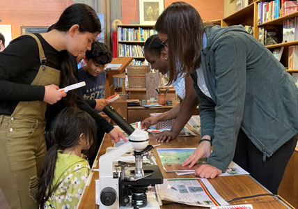 Photograph showing two GSF in Action students with four people including teens and children looking at insect diagrams. At the front of the image is a microscope. 