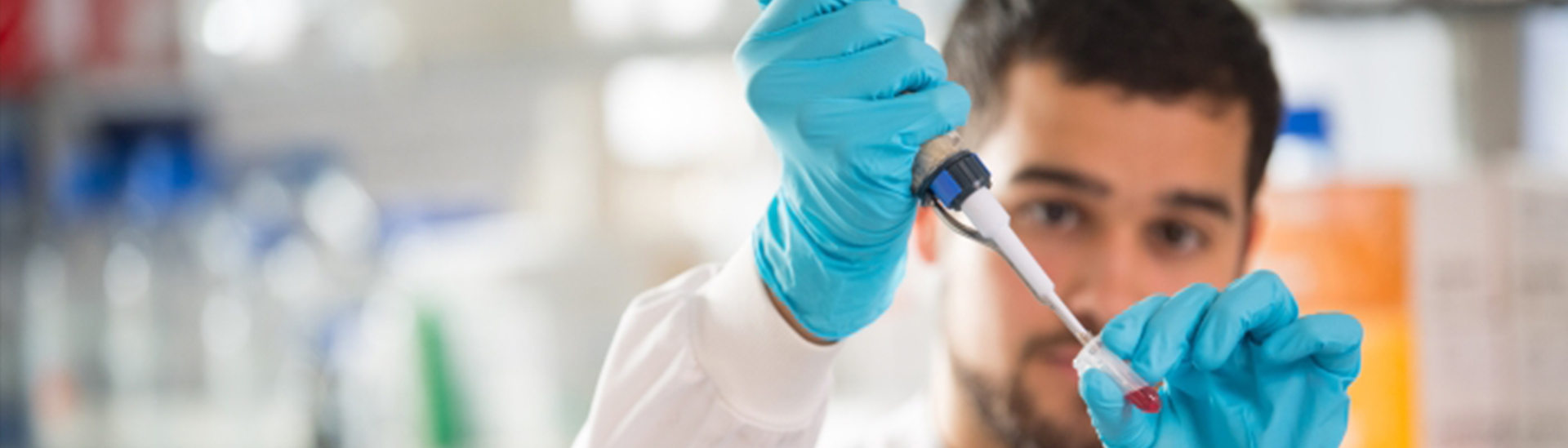 Student wearing latex gloves squeezing a syringe into a sample tube.