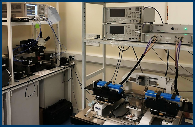 Electronic lab with racks of wireless and RF testing equipment