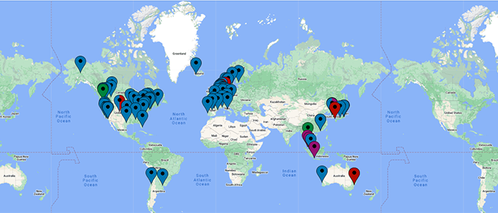 Screen shot of the Adam Smith Business School interactive map, with pins displaying international partners across the world