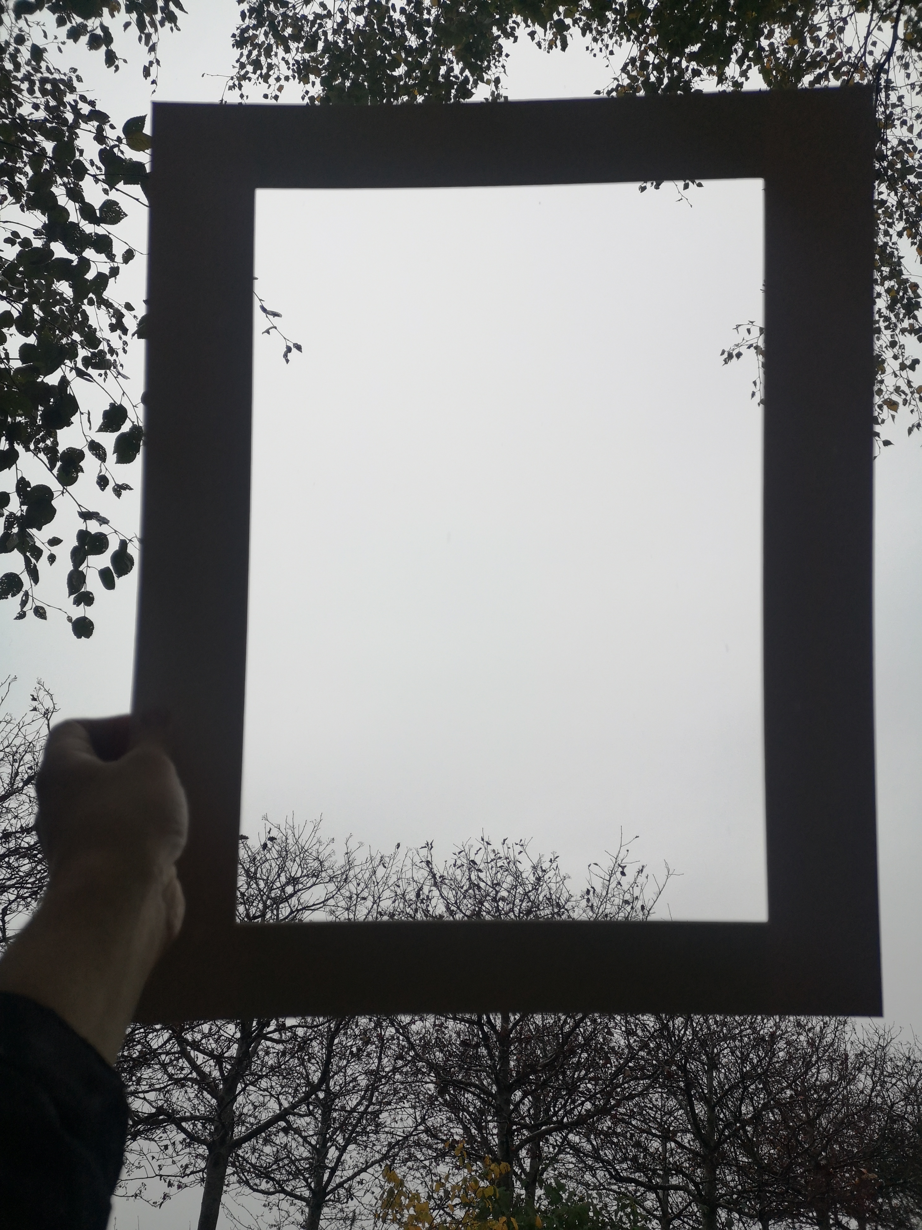 a glimpse through one of the sky frames to reveal a creamy white and gray sky with a slight slow of blocked sunlight