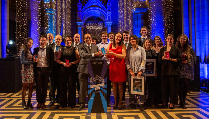 Hua Wang and Sofia Sandalli (far left) stood amongst Prize Winners at Converge 2022 awards ceremony