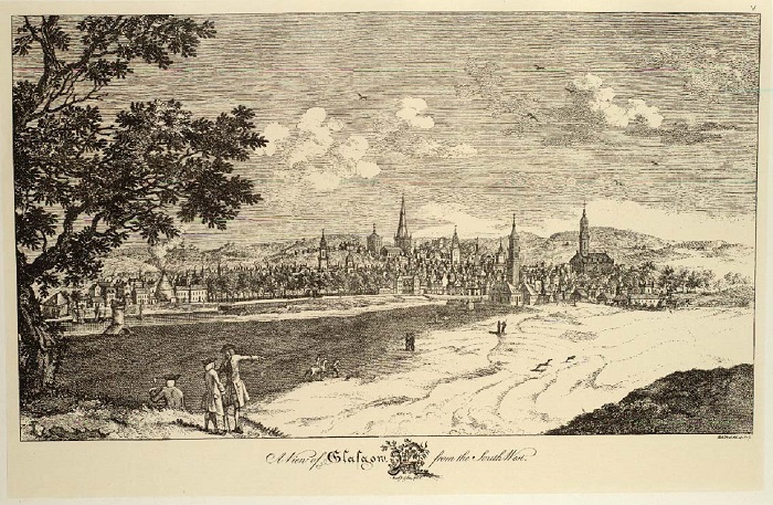 A facsimile of an engraving showing 'A View of Glasgow from the South west' created in 1764 by Robert Paul. Source: Sp Coll Bh13-x.7 https://www.gla.ac.uk/myglasgow/library/files/special/exhibns/foulis/prints.htm