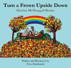 Book cover for 'Turn a Frown Upside Down'. Image shows character sitting on a bench between two trees. A rainbow is in the background.