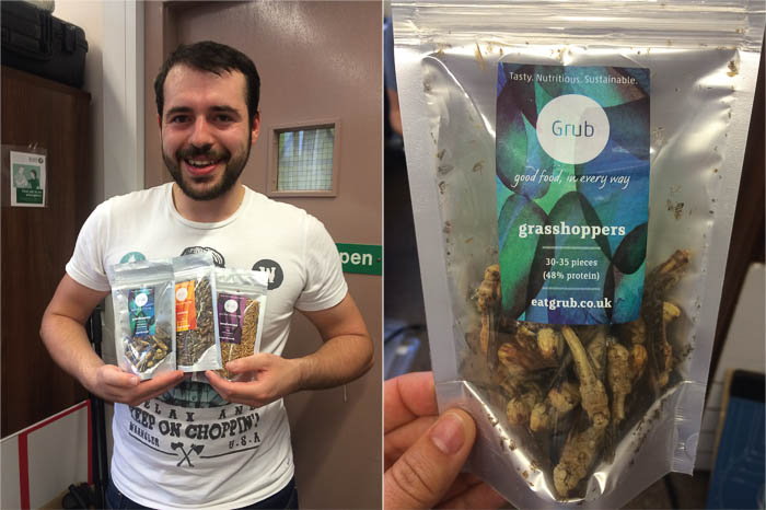 Double image, one shows a photograph of a man holding packets of bugs. The other shows a photograph that is a close up of one of the bug packets saying it contains grasshoppers with the nutritional information. 