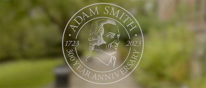 Logo of Adam Smith 300 with a graphic outline of his face, surrounded by the words 'Adam Smith, 1723, 2023, 300 year anniversary'