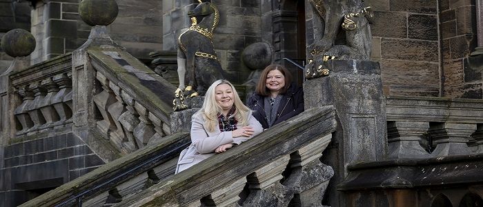 Left to right Dr Pauline Mackay and Dr Rhona Brown, the new co-directors of the Centre for Robert Burns Studies, standing on the Lion and the Unicorn staircase at UofG