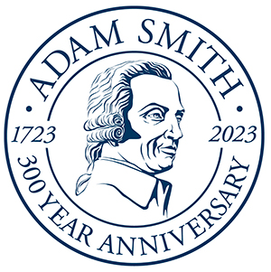 Adam Smith 300 year anniversary badge in blue on a white background