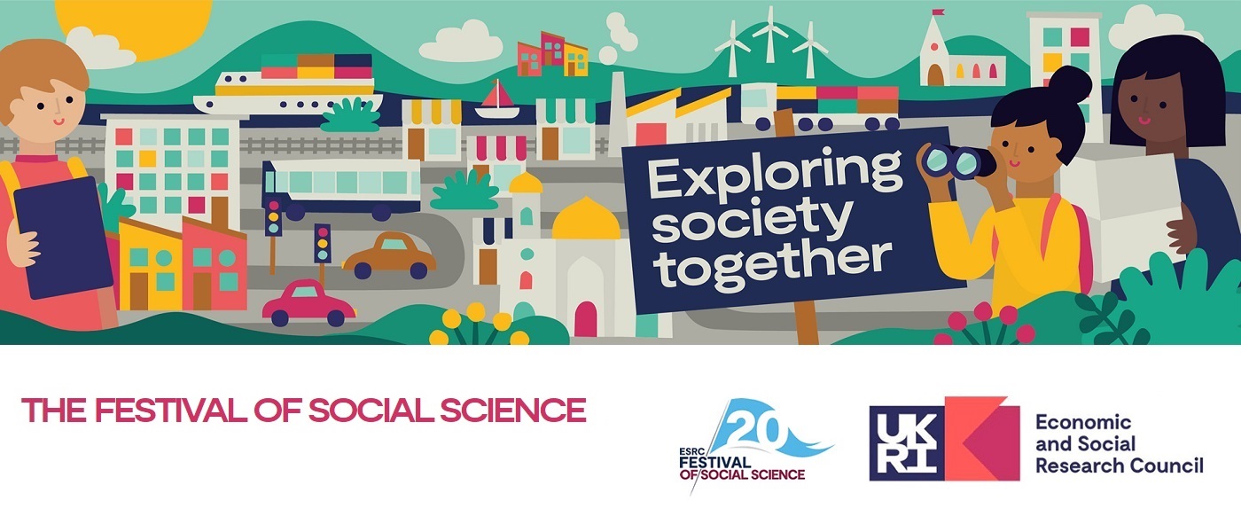 Cartoon graphic advertising the ESRC Festival of Social Science with the text 'Exploring Society Together. The 2022 Festival of Social Science' and logos of the ESRC and the UKRI Economic and Social Research Council.