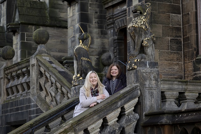 Dr Rhona Brown and Dr Pauline Mackay the new Co-Directors of the Centre for Robert Burns Studies on the Lion and the Unicorn Staircase at the University of Glasgow. Photo Credit Martin Shields