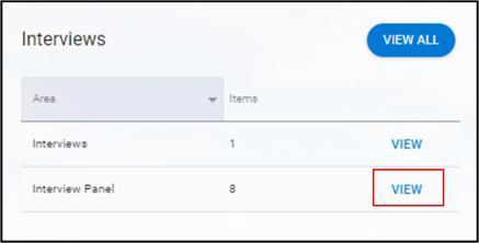 Screenshot from the XD HR System directing users to click 'View' next to Interview Panel on their Manager Dashboard