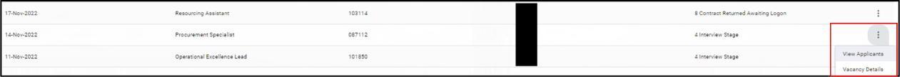 Screenshot from the XD HR System directing users to click on the three dots next to the vacancy and select View Applicants or Vacancy details on their Manager Dashboard