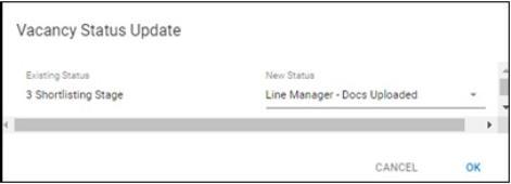 Screenshot from the XD HR System directing users to select 'Line Manager - Docs Uploaded' in the New Status dropdown box and click 'OK'