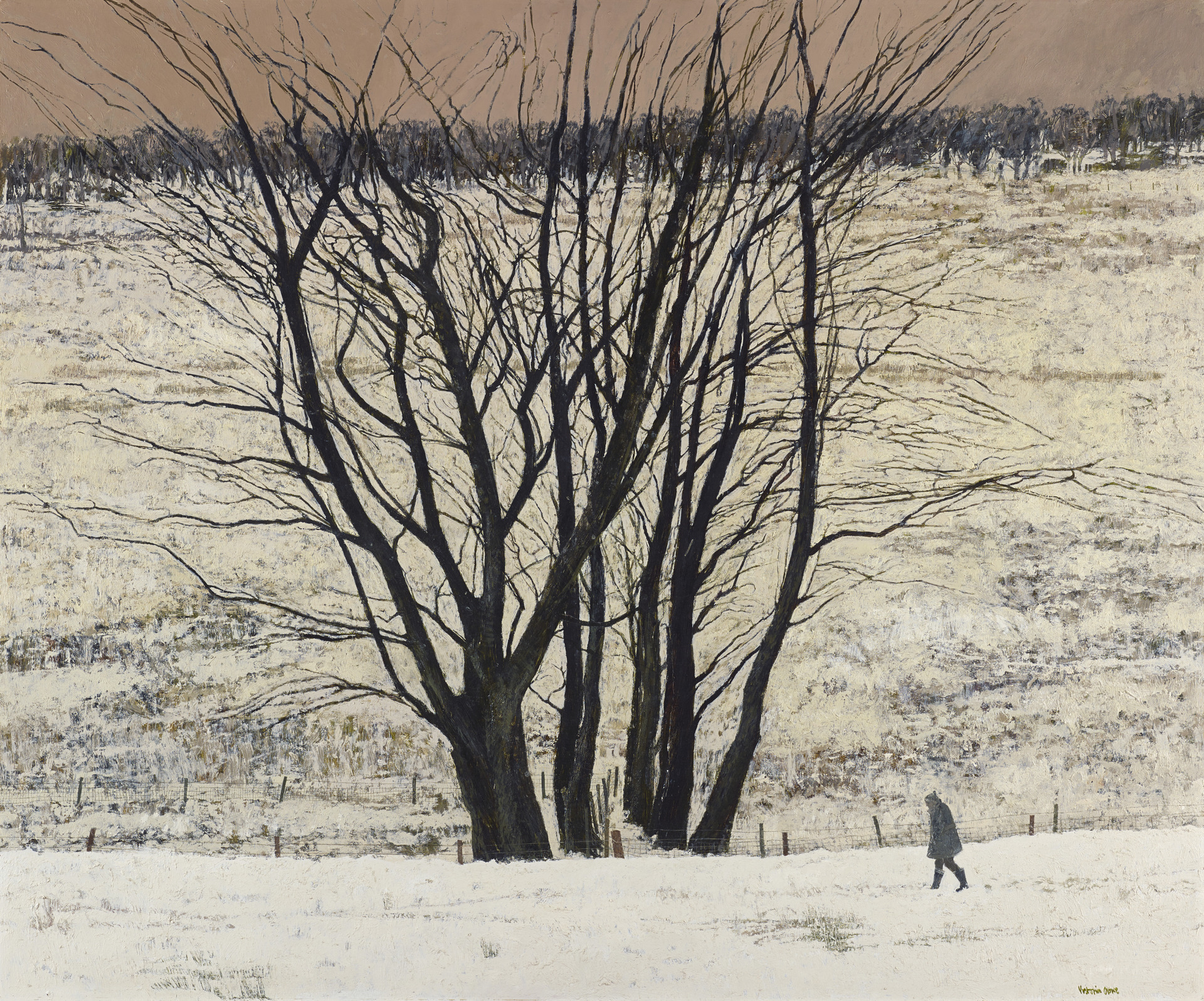 Victoria Crowe’s painting Large Tree Group: it depicts a dark mass of bare winter trees. In the foreground, a small figure (the painter's neighbour, the shepherd Jenny Armstrong) passes by. She is dwarved by the trees, which spread their dark branches above her against the backdrop of a snowy landscape.