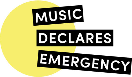 Graphic with the words MUSIC DECLARES EMERGENCY against a yellow and white background