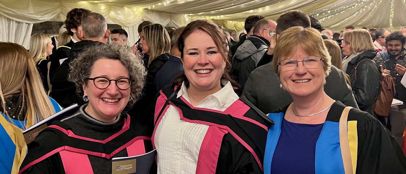 Photo of (left to right) Nicola Burns, Anna Black and Kate O'Donnell at a University of Glasgow graduation event