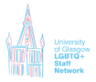 The University tower in Trans flag colours