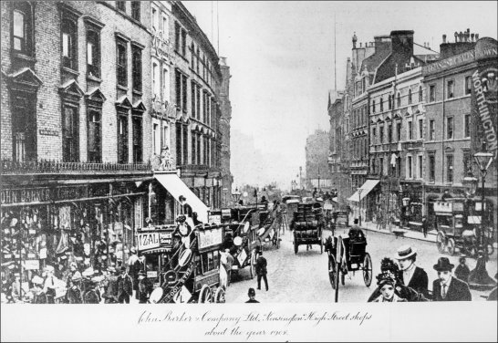 Photograph of the view looking west along Kensington High Street featuring a row of John Barker & Company Ltd shops on the left, c1908.  (GUAS Ref: HF 51/8/1/1/3 photo 8. Copyright reserved.)