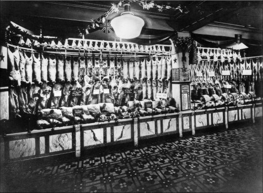 Photograph of the Meat Department in the Food Hall showing a selection of Christmas beef and lamb, particularly from His Majesty’s farms at Balmoral, c1929. (GUAS Ref: HF 51/8/1/1/3 photo 17. Copyright reserved.)
