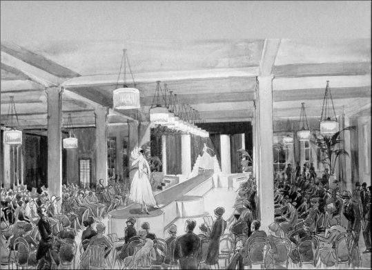 Photograph of a colour wash drawing of the Display Hall situated on 4th Floor of old Barker Building. Mannequin Display in progress, early 1930. (GUAS Ref: HF 51/8/1/1/3 photo 20. Copyright reserved.)