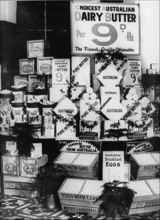 Photograph of Australian butter and eggs displayed in the Provision Section of the Food Hall, c1925/6.  (GUAS Ref: HF 51/8/1/1/3 photo 14. Copyright reserved.)
