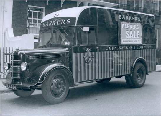 Photograph of a typical John Barker Van.  Example of the fleet of Delivery Vans in current use by the Company, for forwarding of customers’ goods over a wide area daily, in London and the Home Counties, about 1959.  (GUAS Ref: HF 51/8/1/1/3 photo 11. Copyright reserved.)