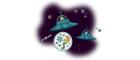 Cartoon petri dish surrounded by UFO’s and stars. 