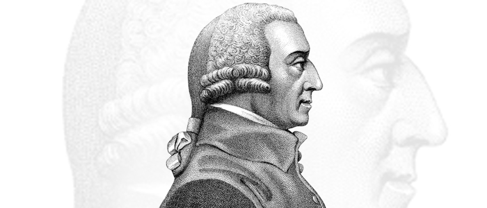 A black and white image of Adam Smith face from a book cover