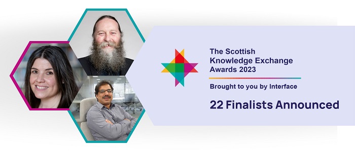 The graphic shows the shortlist in the Knowledge Exchange Champion category, clockwise from left, Professor Fiona Macpherson, University of Glasgow, Professor Pete Smith, University of Aberdeen and Professor Naeem Ramzan, University of the West of Scotland.