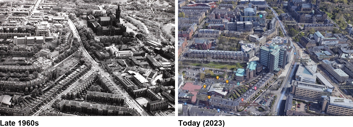 Aerial photo of the University of Glasgow campus in the 1960s and in 2023
