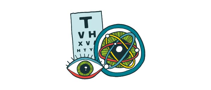 Cartoon image of an eye, with an eye test sheet and a model atom.