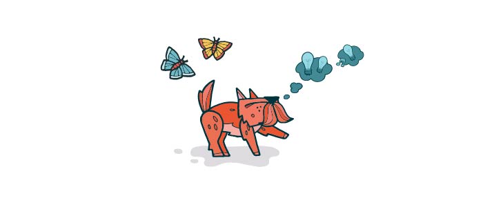Cartoon dog with thought bubbles coming out of its head. In the background there are some butterflies.