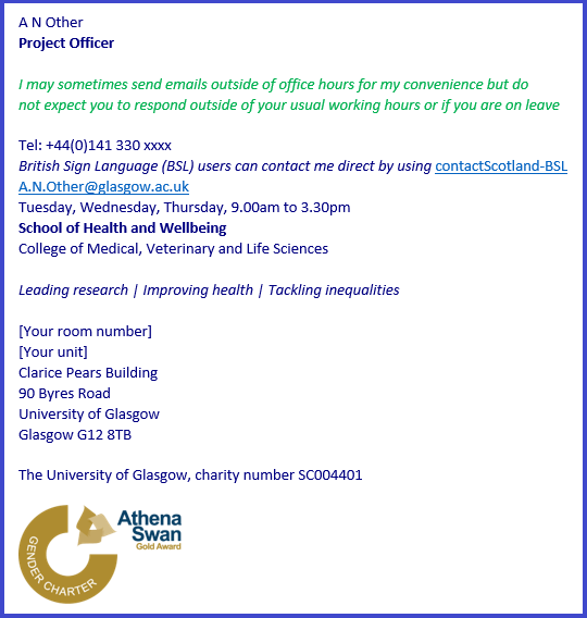 Sample email signature for School of Health and Wellbeing staff and students 