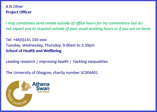 Sample email signature (short version) for School of Health and Wellbeing staff and students