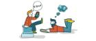 Cartoon image of a man holding a smartphone whilst saying the equation VP=D. Next to him is man laying on the floor on a tablet. 