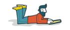 Cartoon image of a man lying on the floor playing on a tablet. 