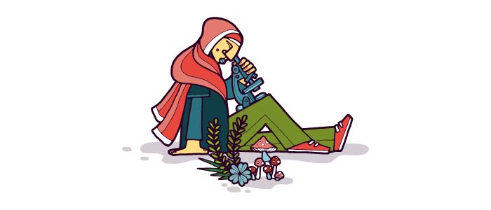 Cartoon image of a girl looking down a microscope, next to her are several small plants. 