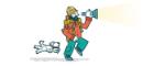Cartoon image of a man shining a torch with a dog behind him.