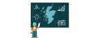 Cartoon image of a person drawing on a chalkboard. The board has an image of Scotland surrounded by various graphs and equations.
