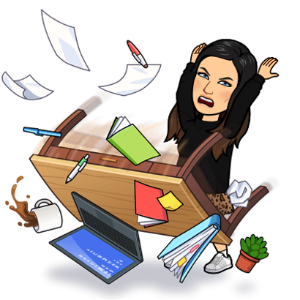 bitmoji female character flipping a desk over in search of perfection
