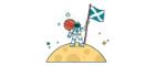 Cartoon image of an astronaut on the Moon surface holding a Scottish flag. In the background is a cartoon image of Mars and several stars.